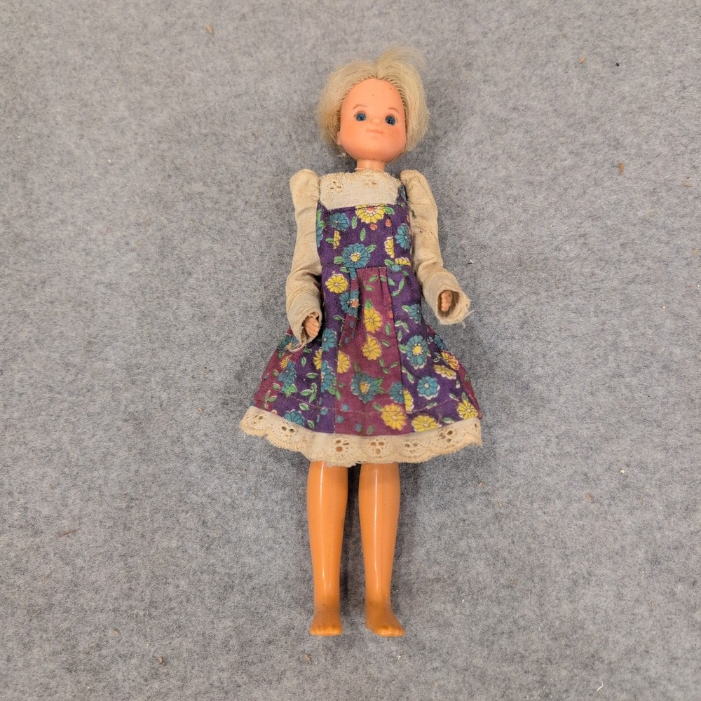 Vintage Miniature Blonde Doll Blue Eyes Floral Lace Dress Dollhouse Figure - Picture 1 of 3